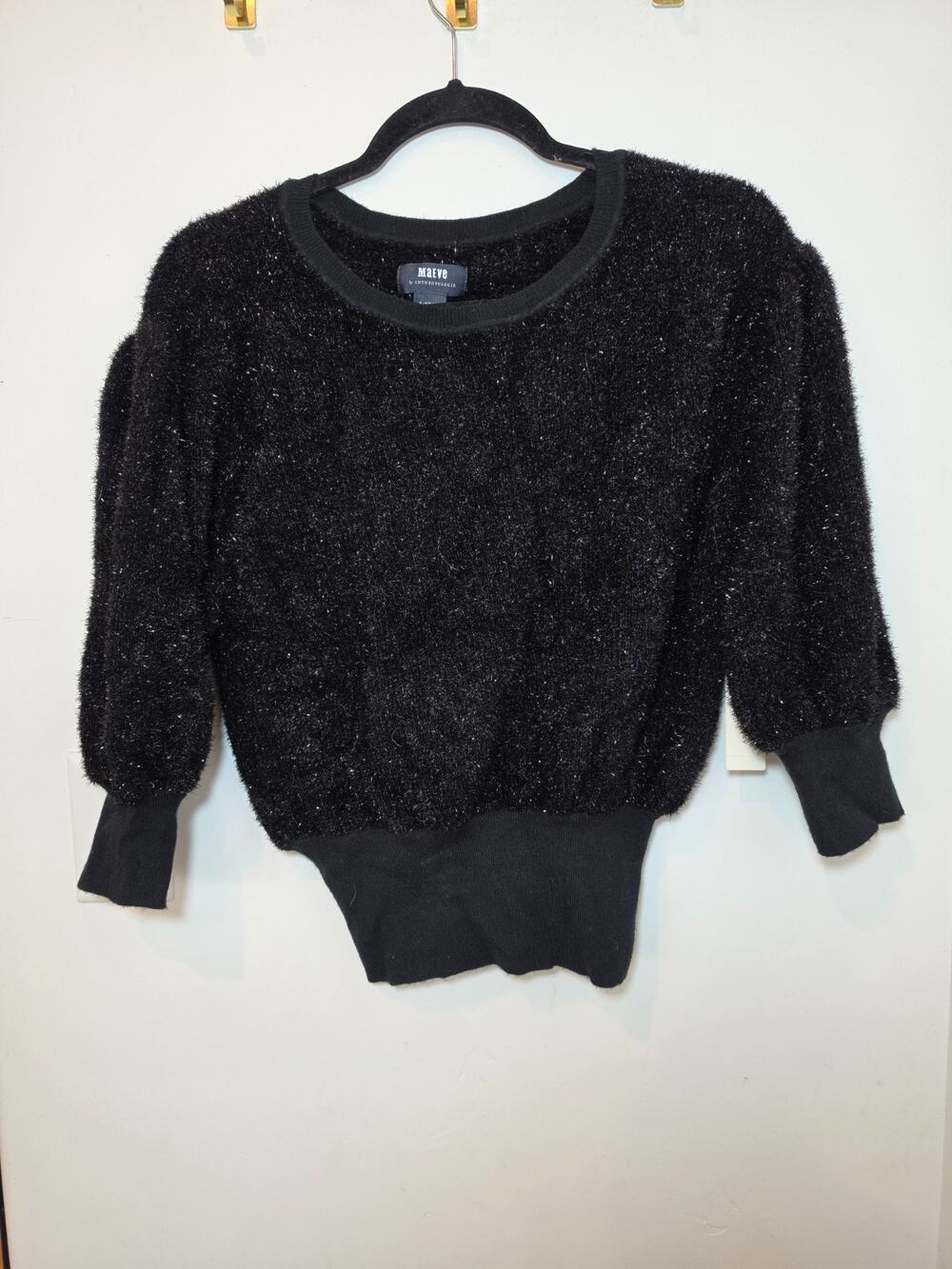 Anthropologie Pamela Short Sleeve Tinsel Sweater By Maeve XS Black NWT